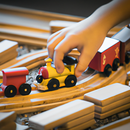 ילד משחק עם מערכת רכבת מעץ, מציג את האופי הקלאסי והנצחי של צעצועי עץ.